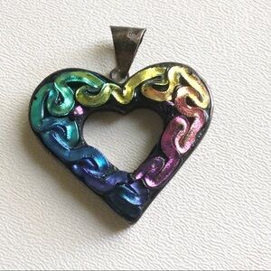 Rainbow Heart Statement Pendant Signed Mexico 925